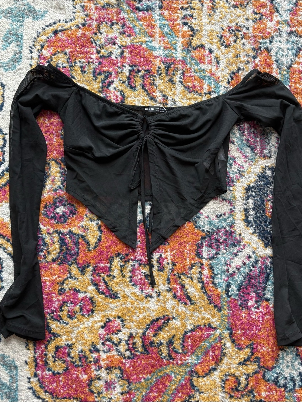 SHEIN Black Off-Shoulder Ruched Tie-Front Long Sleeve Crop Top